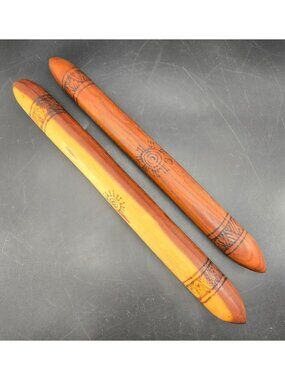 Handcrafted Australian Aboriginal Clap Sticks With Sun & Tribal Designs VL5021